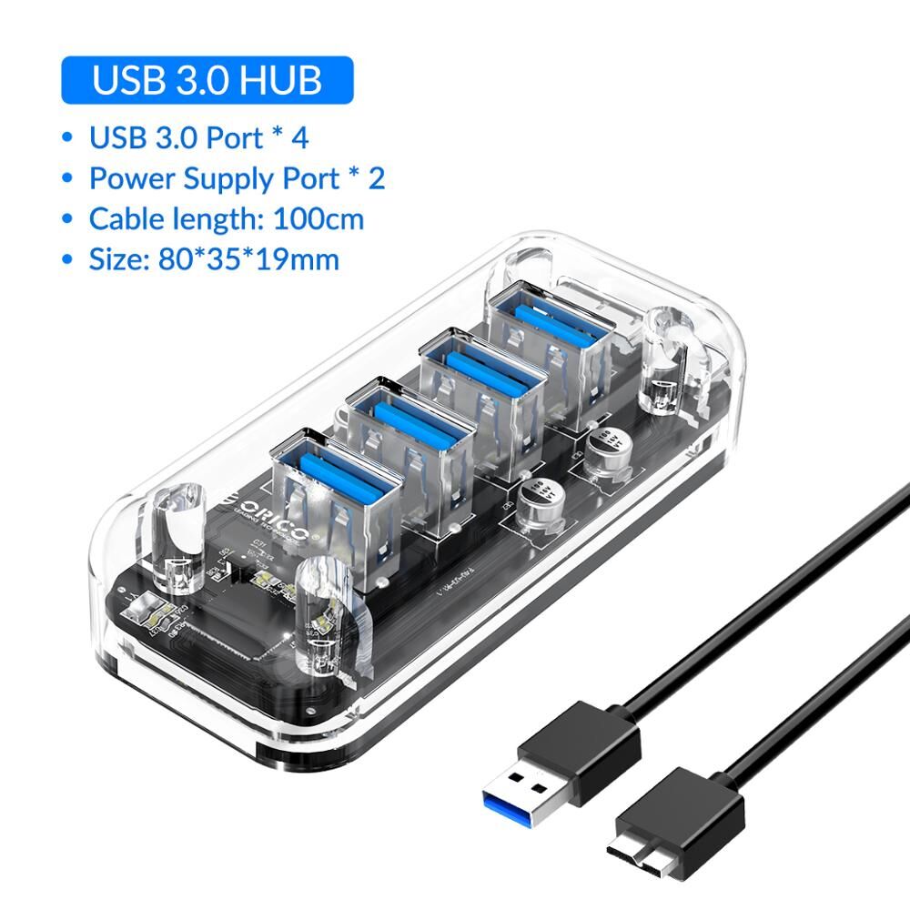 Plugadget Transparent Series USB HUB 7 4 Port USB 3.0 Splitter with Dual Power Supply Port For Desktop Laptop Computer
