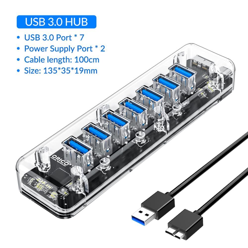 Plugadget Transparent Series USB HUB 7 4 Port USB 3.0 Splitter with Dual Power Supply Port For Desktop Laptop Computer