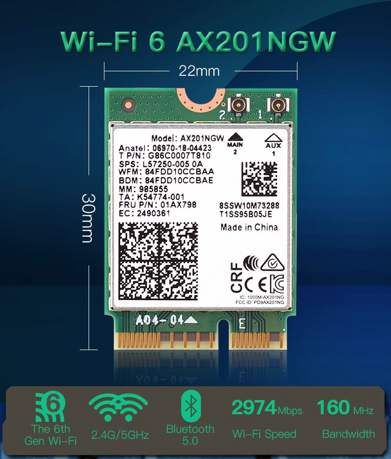 Wireless AX210 NIC, Gigabit Tri-Band Wi-Fi 6E, 802.11AX Standard, Bluetooth  5.2, AX210 NGW WiFi Card, MU-MIMO NGFF (M.2 A/E Key) Interface,Support
