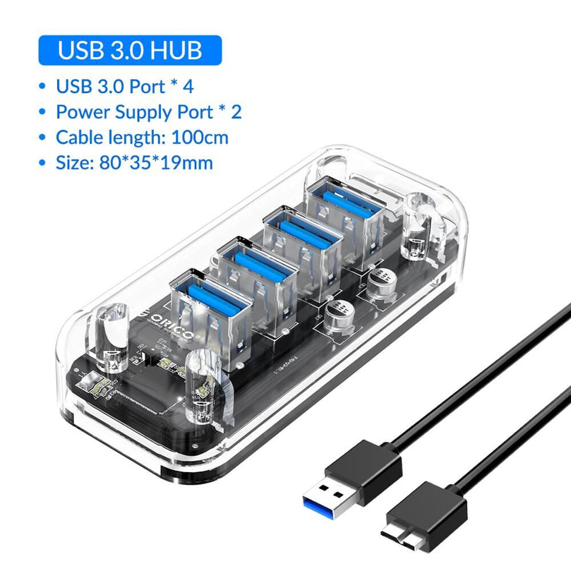 Plugadget Transparent Series USB HUB 7 4 Port USB 3.0 Splitter with Dual Power Supply Port For Desktop Laptop Computer